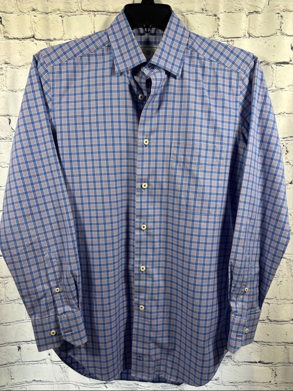 David Donahue Blue Pink & White Check Dress Shirt